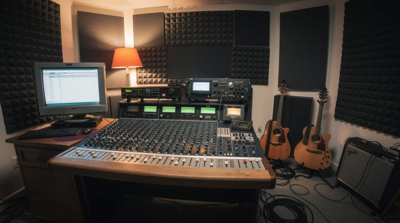 Home recording studio from the early 2000s with mixing console and instruments