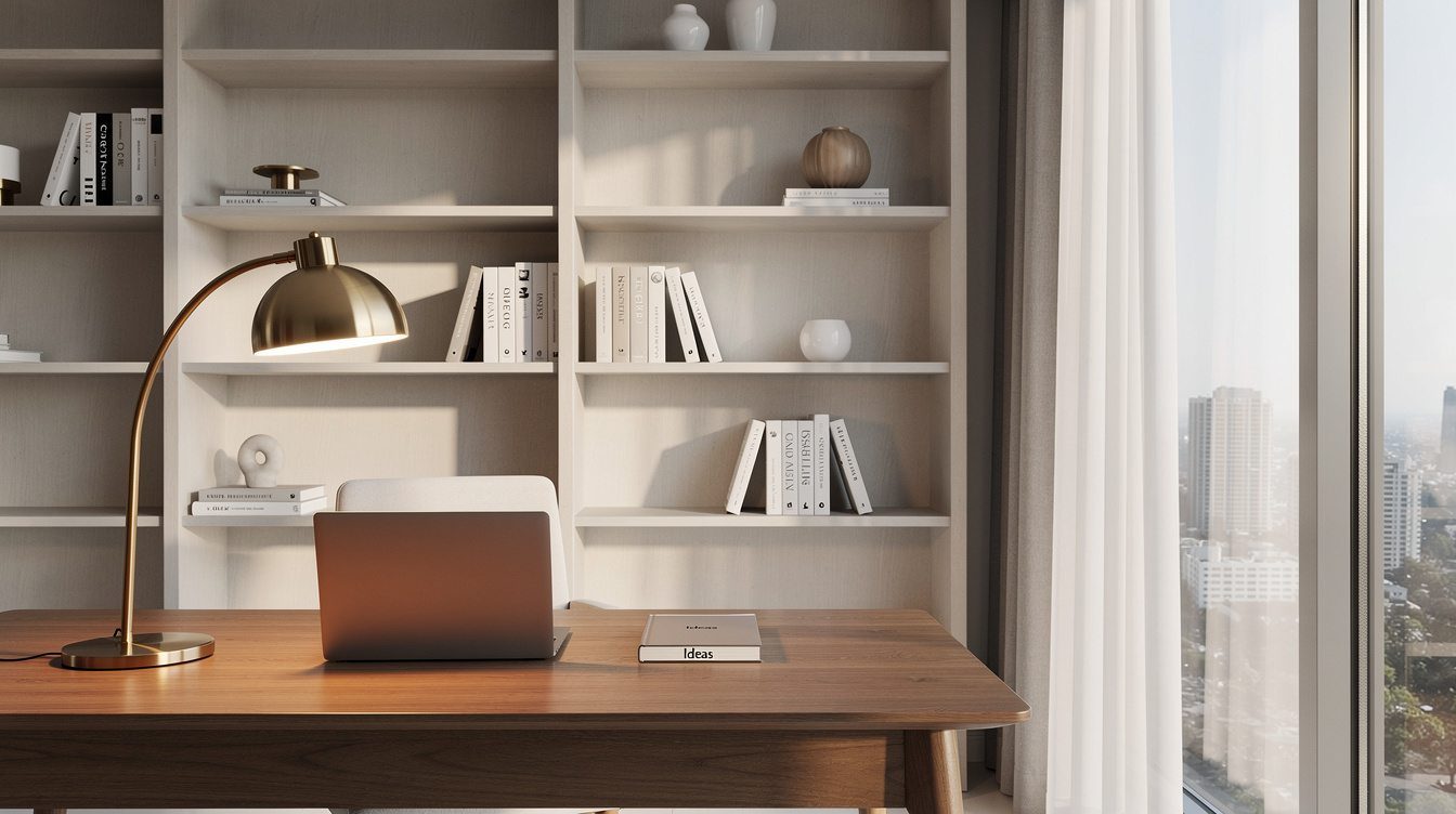 Modern elegant home office with wooden desk and warm natural light