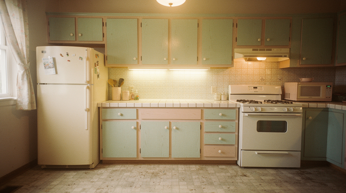 Vintage 1990s kitchen interior with pastel cabinets and tiled countertops