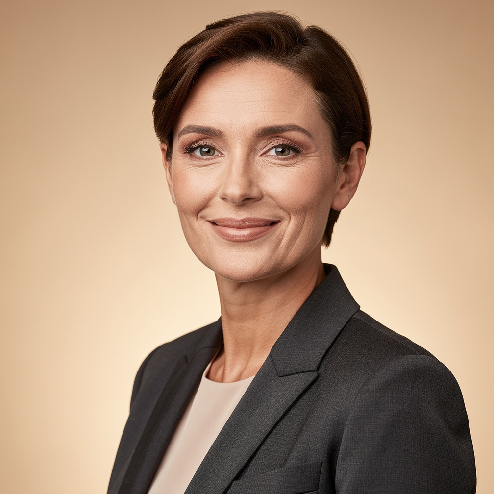 Portrait of a Swiss woman magazine editor in her forties smiling professionally