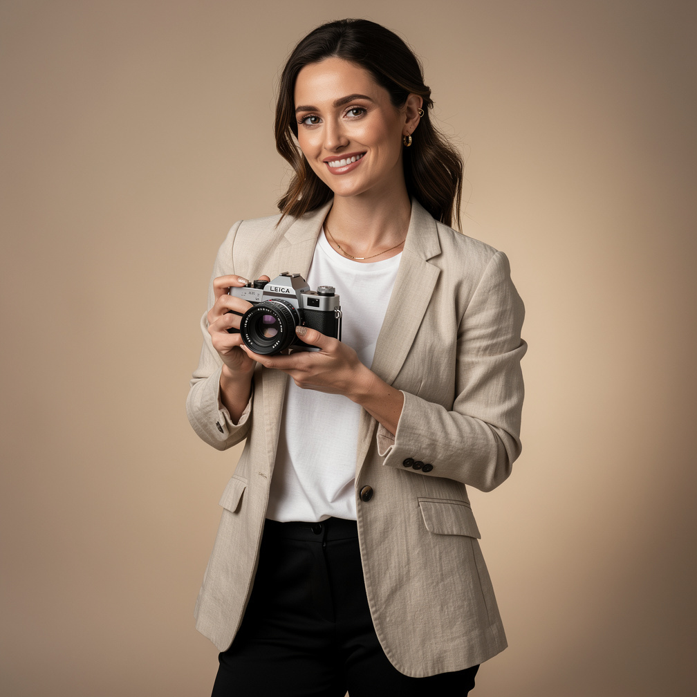 Portrait of a young French photographer woman holding a vintage camera