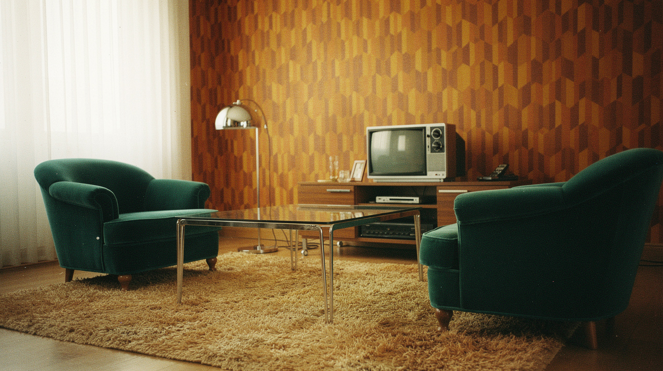 Retro 1980s living room interior with bold patterns and velvet furniture